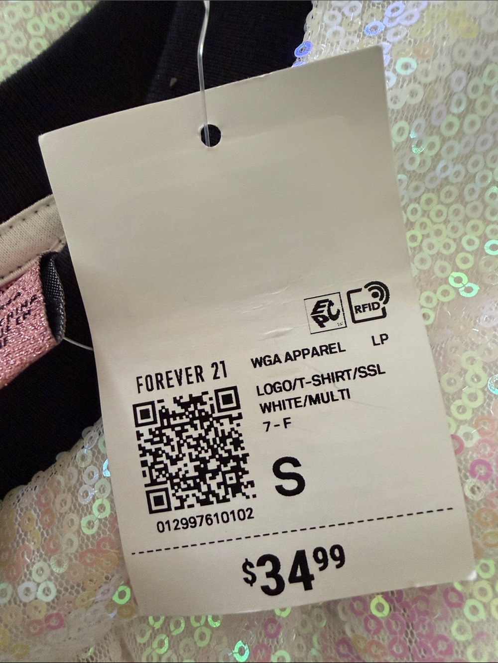Hello Kitty White Sequin Short Sleeve Tee with Black Trim size Small but it long - Picture 10 of 11
